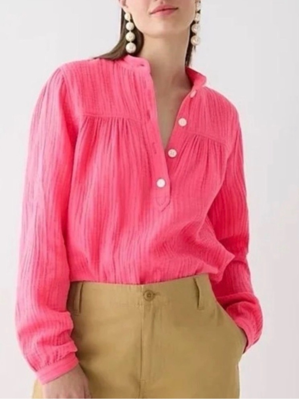 J. Crew Fresco Cotton Gauze Vivid Begonia Pink Long-Sleeve Top